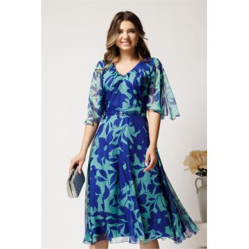 Rochie midi verde mint din voal cu imprimeu albastru si maneci vaporoase- Viada