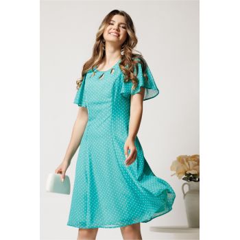 Rochie midi verde mint din voal in clin cu buline si decupaje la decolteu ieftina Rochie midi verde mint din voal in clin cu buline si decupaje la decolteu ieftina