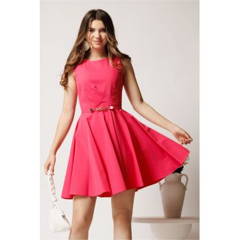 Rochie scurta fucsia din bumbac clos cu pliuri pe bust si curea in talie