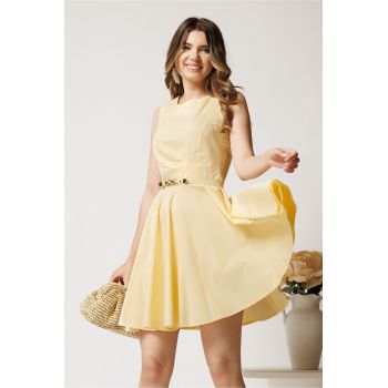 Rochie scurta galbena din bumbac clos cu pliuri pe bust si curea in talie