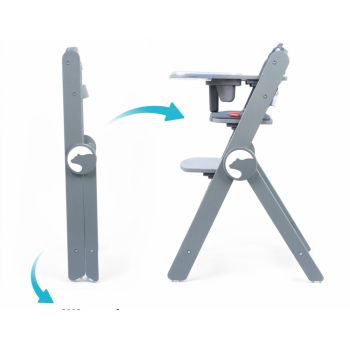 Scaun de masa pentru copii, Kidnort Drommer Unique Grey, pliabil, structura din lemn, cu 9 configuratii de inaltime, centura de siguranta in 5 puncte, pana la 75 kg, dimensiune 59 x 46 x 79.5 cm, perna de sezut inclusa