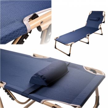 Sezlong pliabil, structura solida din otel, cu spatar reglabil pe 4 trepte si perna confortabila inclusa, dimensiune 193x66x23 cm, albastru marin