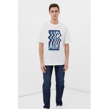 Tricou din bumbac cu imprimeu si decolteu la baza gatului