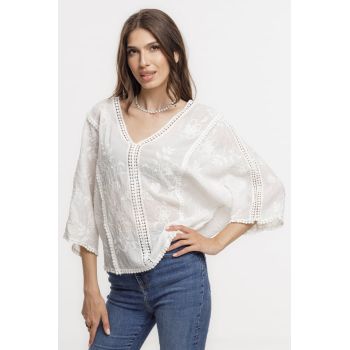 Bluza brodata cu maneca fluture din dantela de bumbac, bej