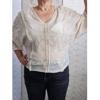 Bluza brodata cu maneca fluture din dantela de bumbac, bej