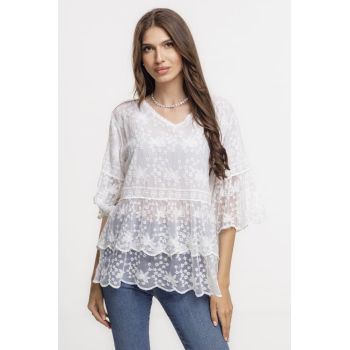 Bluza brodata cu volane din dantela de bumbac, alba