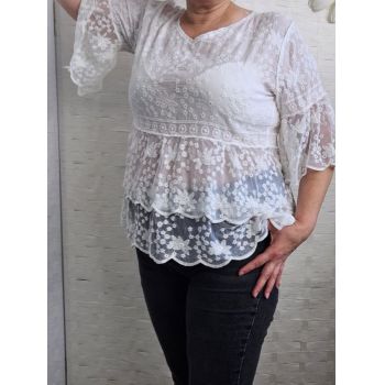 Bluza brodata cu volane din dantela de bumbac, alba