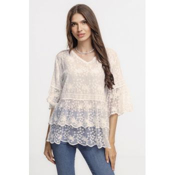 Bluza brodata cu volane din dantela de bumbac, bej