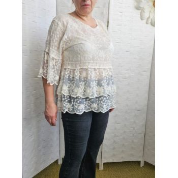 Bluza brodata cu volane din dantela de bumbac, bej