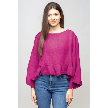 Bluza din in cu volanas, oversize, magenta