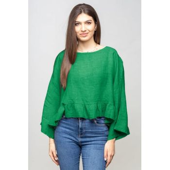 Bluza din in cu volanas, oversize, verde