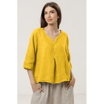 Bluza din in lejera cu nasturi decorativi, galben mustar