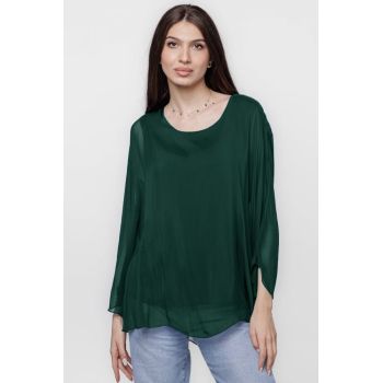 Bluza din matase naturala cu maneca clopot, verde inchis