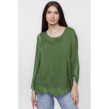 Bluza din matase naturala cu maneca clopot, verde oliv