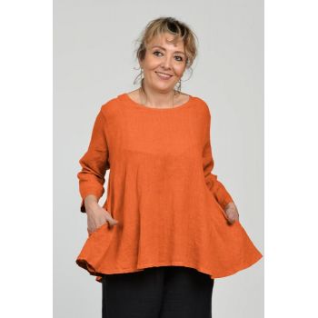 Bluza evazata cu clin la spate din in, caramizie