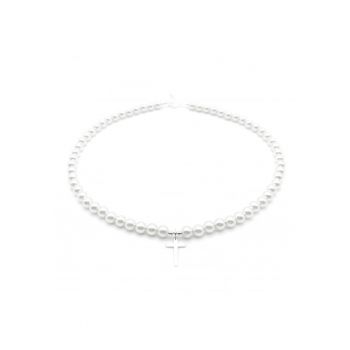 Colier cu Perle Preciosa albe si pandantiv Cruce din Argint 925 - reglabil 39-42 cm - perle 6mm - dama