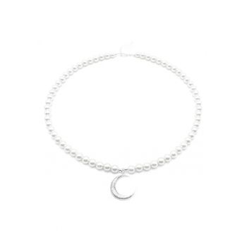 Colier cu Perle Preciosa albe si pandantiv Semiluna din Argint 925 - reglabil 39-42 cm - perle 6mm - dama