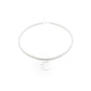 Colier dama -  perle Preciosa albe 6mm - pandantiv Semiluna Argint 925 - reglabil