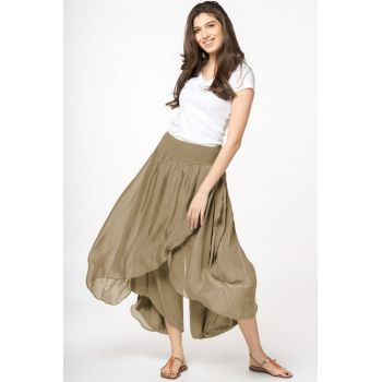 Pantaloni petrecuti din matase naturala camel, tip salvari