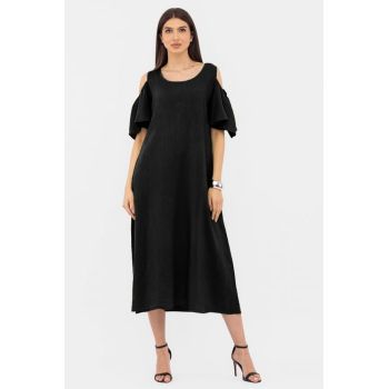 Rochie A-line din in cu umerii goi, lunga,  A-line, neagra ieftina