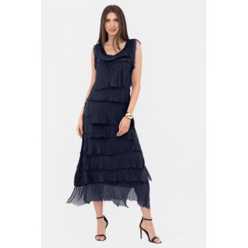 Rochie bleumarin din matase naturala cu volane franjurate suprapuse, fara maneci ieftina Rochie bleumarin din matase naturala cu volane franjurate suprapuse, fara maneci ieftina