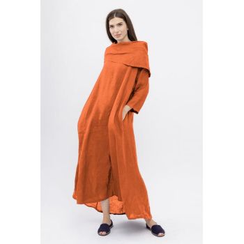 Rochie maxi,  A-line, din in, cu guler amplu, caramizie ieftina