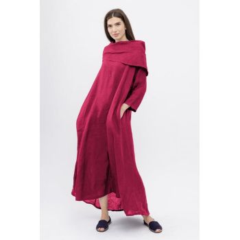 Rochie maxi,  A-line, din in, cu guler amplu, magenta