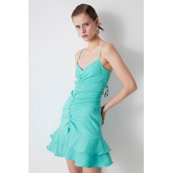 Rochie mini din amestec de in cu model cu fronseuri
