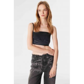 Top crop din denim cu detalii cu aspect deteriorat si bretele inguste