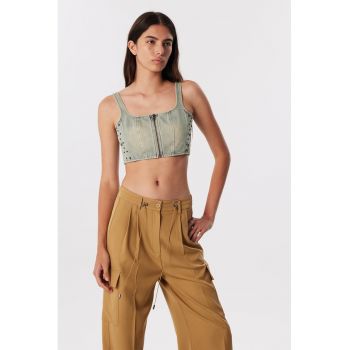 Top crop din denim cu tinte