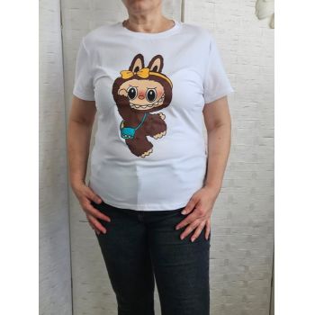 Tricou alb din bumbac cu imprimeu Labubu cu fundita, marime mare