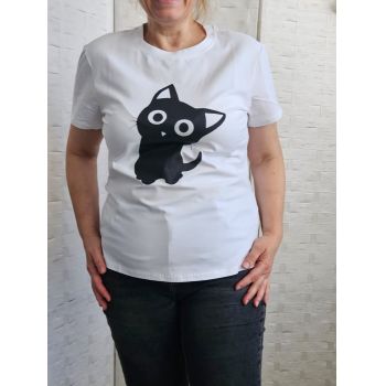 Tricou alb din bumbac cu imprimeu pisicuta neagra mirata, marime mare