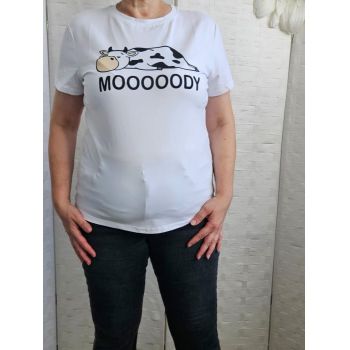 Tricou alb din bumbac cu imprimeu vacuta zen, marime mare
