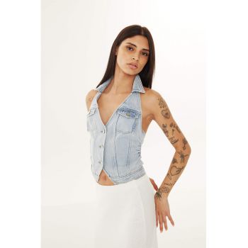 Vesta din denim cu decolteu halter