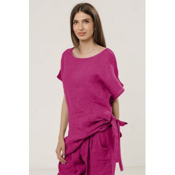 Bluza lunga din in colt si funda, magenta