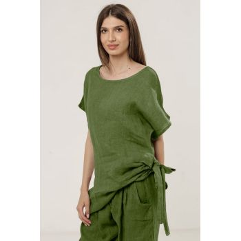 Bluza lunga din in colt si funda, verde oliv