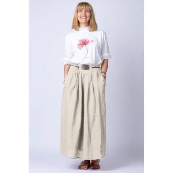 Fusta lunga casual, bej deschis din in, cu o curea fancy