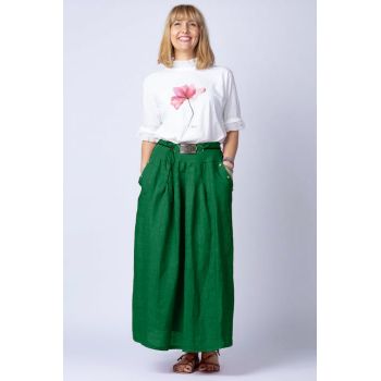 Fusta lunga casual, verde intens, din in, cu o curea fancy