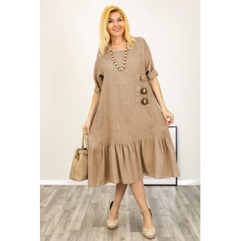 Rochie din in cu volan din matase si nasturi decorativi in laterala, camel