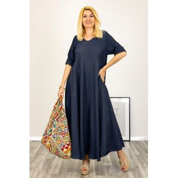 Rochie maxi din in foarte ampla bleumarin