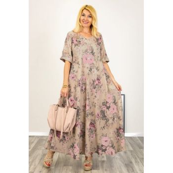 Rochie maxi din in foarte ampla cu imprimeu floral camel