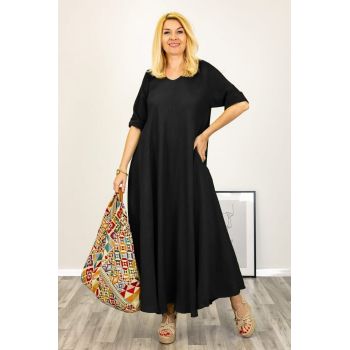 Rochie maxi din in foarte ampla neagra ieftina