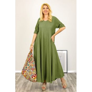 Rochie maxi din in foarte ampla verde oliv