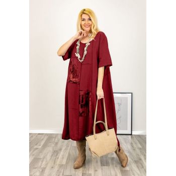 Rochie oversize A-line, din in cu snur in partea de jos, bordo