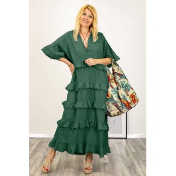 Rochie oversize din in si bumbac cu volane aplicate, verde inchis