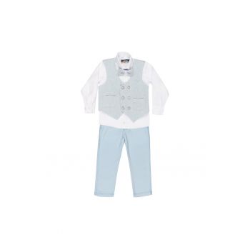 Costum elegant baieti -  4 piese - cu vesta - MY-5125 - Albastru deschis -