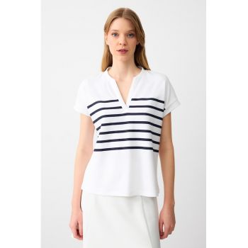 Tricou din amestec de modal cu dungi si decolteu in V