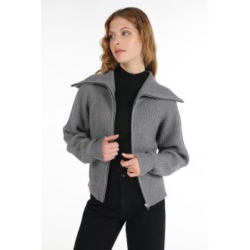Cardigan cu fermoar si maneci raglan