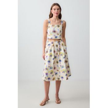 Fusta cu model floral si buzunare laterale