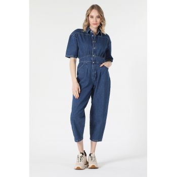 Salopeta din denim cu detalii cu fronseuri